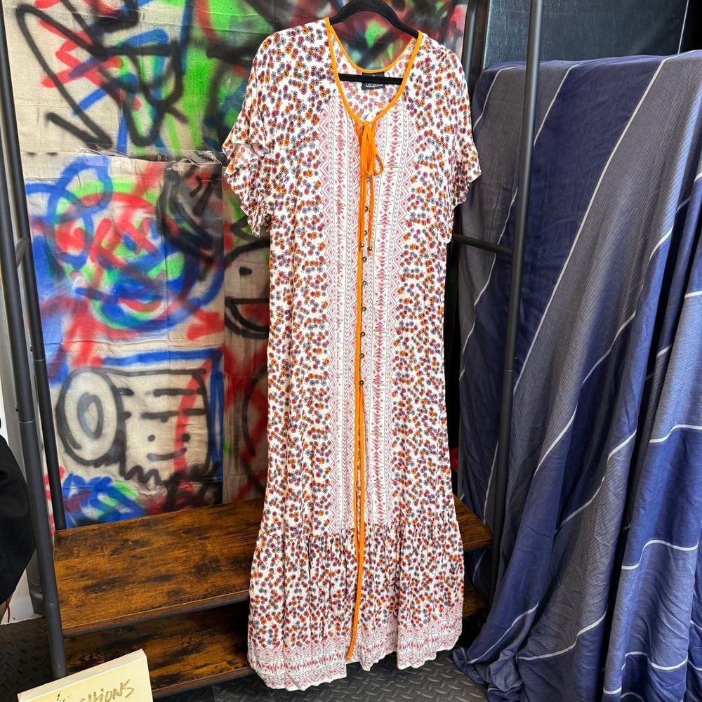 Angie Women Orange Floral Geometric Maxi Dress Large NEW Boho Festival Peasant